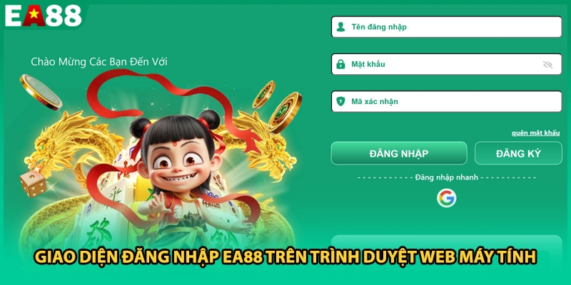 Giao diện đăng nhập EA88 trên trình duyệt web máy tính